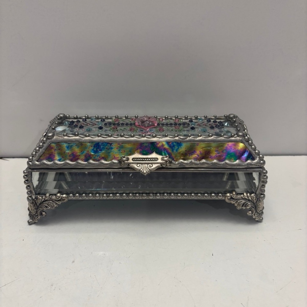 Jewel Encrusted Treasure Jewelry Box, Stained Glass, Desk Accessory, Trinket Box
